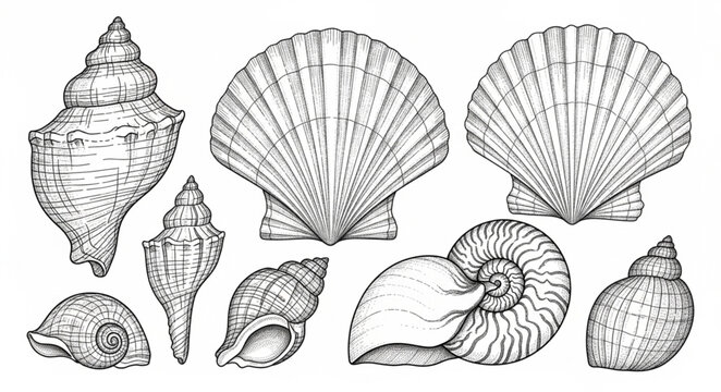 Collection of various seashell illustrations in black and white.