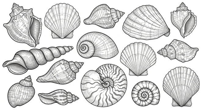 Collection of various seashell illustrations in black and white.