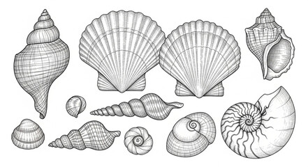 Collection of various detailed seashell illustrations in black and white. © Alya