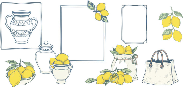 Still life illustration of lemons and empty frames with a handbag and glass bottles on a white background