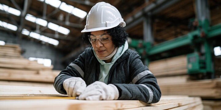 Worker smoothing plank in indoor lumber processing warehouse