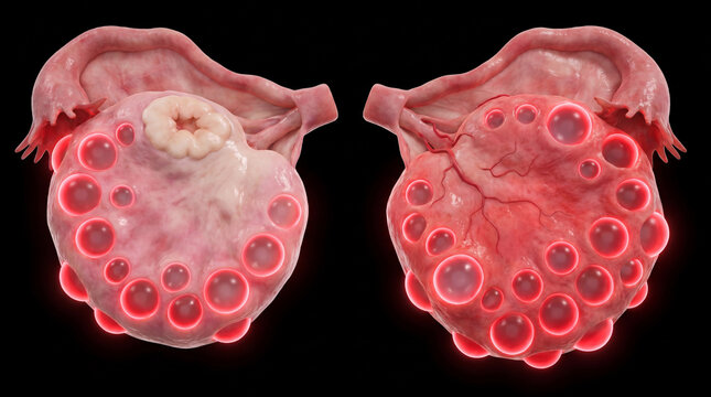3D render of two human ovaries depicting Polycystic Ovary Syndrome (PCOS), showing multiple fluid-filled cysts and anatomical structures on a black background.