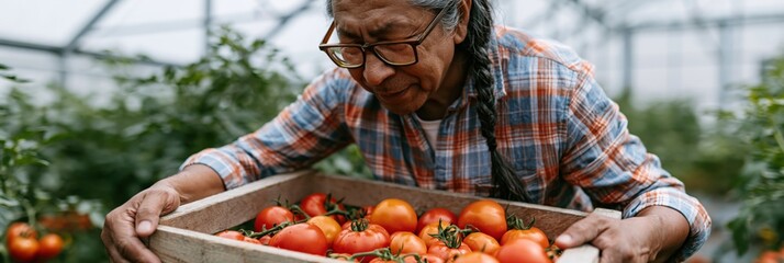 Fototapeta premium Senior farmer inspecting wooden crate of tomatoes in greenhouse
