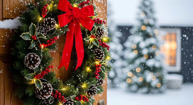 Festive christmas wreath on wooden door with snowfall and holiday tree