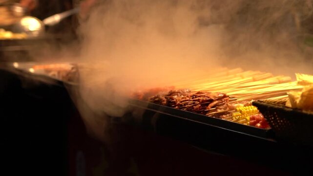 4K video of various neatly arranged snacks at urban barbecue stalls and street stalls