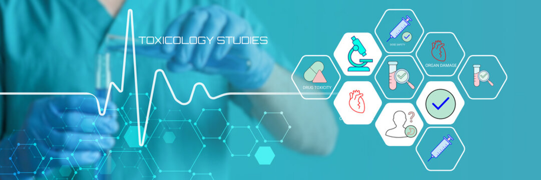 Modern toxicology research graphic showcasing medical testing icons and health analysis concepts with ECG waveform and lab equipment