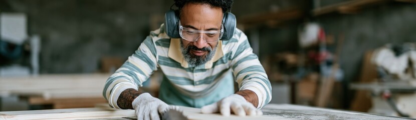 Fototapeta premium Man sanding wood surface focused at workshop bench