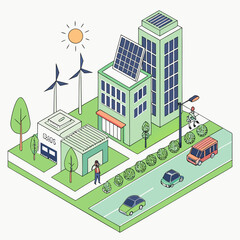 Eco-friendly cityscape with solar panels and wind turbines green © Adori