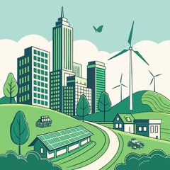 Green cityscape with wind turbines and solar panels on buildings sustainable © Adori