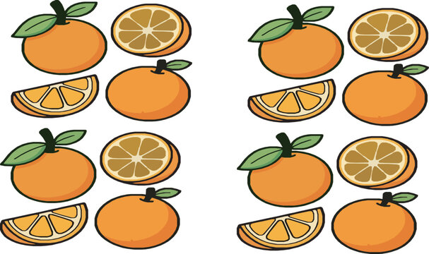 A comprehensive collection of fresh orange fruit vector illustrations featuring whole oranges with leaves half cuts and triangular segments for healthy organic juice and food packaging.