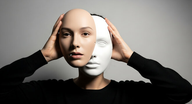 A person holding two masks, one realistic and one white, symbolizing identity and duality.