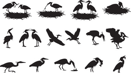Fototapeta premium Heron and Crane Silhouettes Set with Birds Nesting Flying and Hunting Fish.