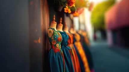 Obraz premium Mannequins showcase colorful dresses along a city street during the evening. The area is lively with warm light and vibrant colors.