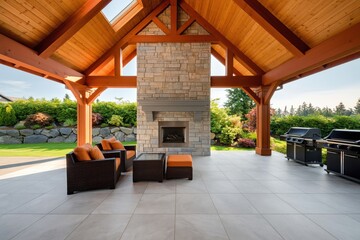 Obraz premium Modern patio with a stone fireplace, relaxation furniture, and BBQ grills, providing an elegant outdoor entertaining space