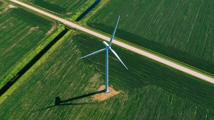 High altitude aerial view of single wind turbine standing on large lush green agricultural farm field crossed by road and canal shows clean wind energy © wilson
