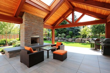 Naklejka premium Spacious outdoor patio featuring a cozy stone fireplace, comfortable furniture, and a BBQ area leading to a well-maintained backyard