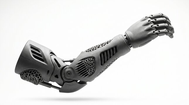 Biomechanical prosthetic arm with carbon fiber texture and thermal regulation vents on white background Concept of medical robotics and rehabilitation healthcare