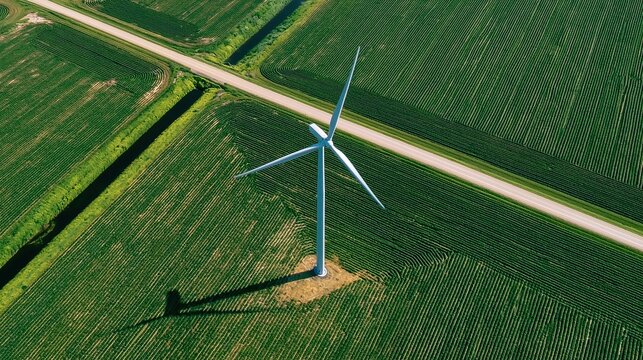 High altitude aerial view of single wind turbine standing on large lush green agricultural farm field crossed by road and canal shows clean wind energy