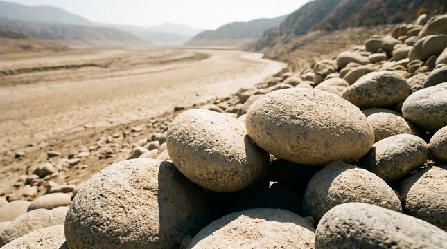 Smooth rounded river stones in a dry parched riverbed with a mountain valley background Concept of water scarcity and environmental drought disaster