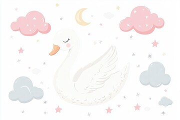 Obraz premium Gentle swan illustration with dreamy elements. Perfect for nursery wall art, gifts and parenting content.