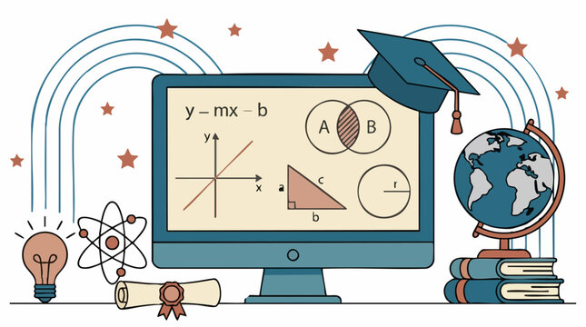 Online education concept with computer monitor displaying math and science symbols
