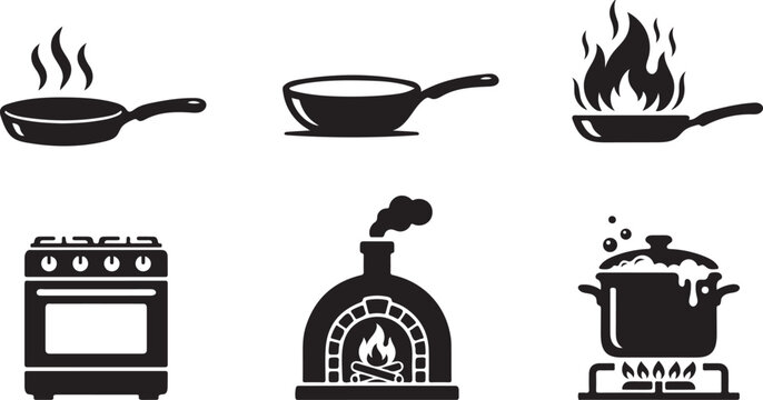 Kitchen Cooking and Culinary Heat Silhouette Icon Set &ndash; Frying Pans, Gas Stove, Wood Fire Oven, and Boiling Pot Symbols
