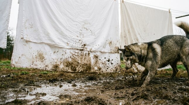 Siberian husky dog walking through a muddy field near white laundry on a clothesline