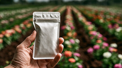 Naklejka premium Human hand holding a blank white resealable seed packet in a vibrant flower garden. Close-up eye-level shot with soft natural light and blurred colorful flower rows in the background. Mockup ready.