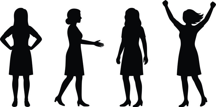 Collection of silhouettes of a professional woman in various poses including standing confident handshaking and celebrating success for career growth