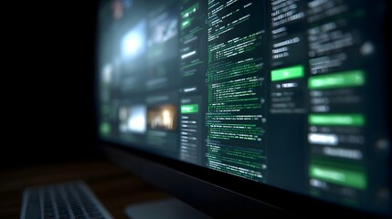 Fototapeta premium A detailed glowing display of green programming code and data streams on a dark monitor symbolizing advanced digital communication and system