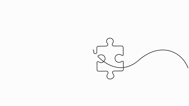Two connected puzzle pieces continuous one line drawing, minimalist jigsaw outline illustration
