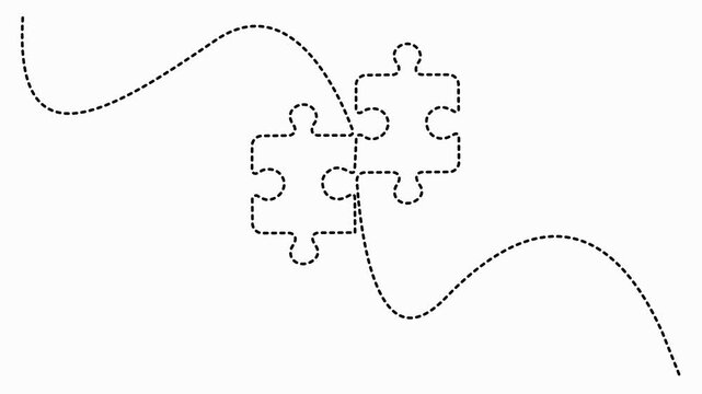 Two connected puzzle pieces continuous one line drawing, minimalist jigsaw outline illustration
