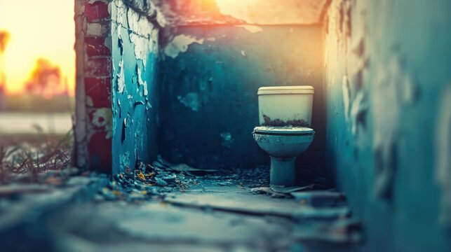 A toilet sits alone in a worn-down room. The walls show age and past damage. The light of sunset enters through an opening.