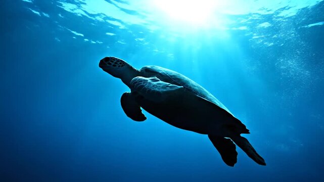 Sea turtle swimming towards sunlight in deep blue ocean