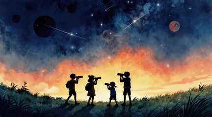 Fototapeta premium Children on grassy hill look at stars and planets with telescopes. Night sky has shooting stars and watercolor clouds. Kids explore cosmos and dream about space.