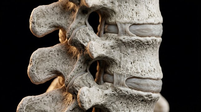 An ultra-detailed macro-style medical photograph of a realistic spinal column model, revealing each vertebra and disc with anatomical accuracy, captured under soft yet dramatic warm lighting to emphas