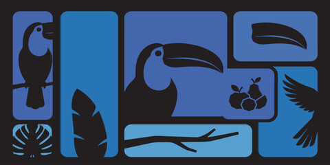 Fototapeta premium Stylized toucan and jungle elements in blue and black design.