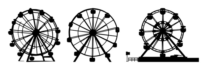 Fototapeta premium Ferris wheel set with solid black icon and white background featuring rides, carnival, amusement with vector and illustration