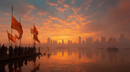 Naklejka premium Vibrant Cultural Parade at Sunset with Saffron Flags Reflecting in Water Against City Skyline