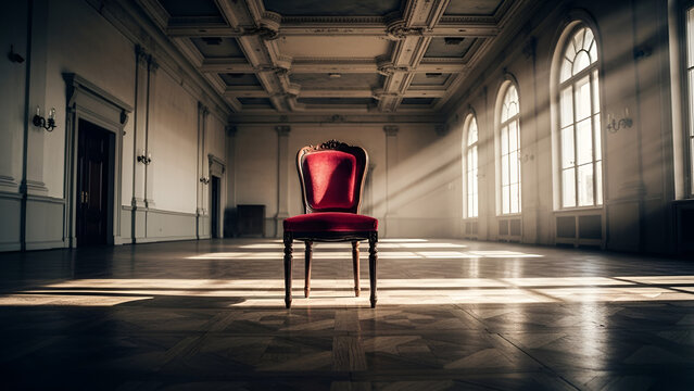 Red chair in an empty grand hall with dramatic sunlight, symbolizing the concept of an unfound rightful place