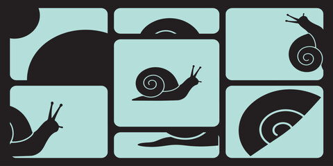 Minimalist black and blue snail illustration with geometric shapes and abstract patterns. © Riki