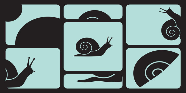 Minimalist black and blue snail illustration with geometric shapes and abstract patterns.