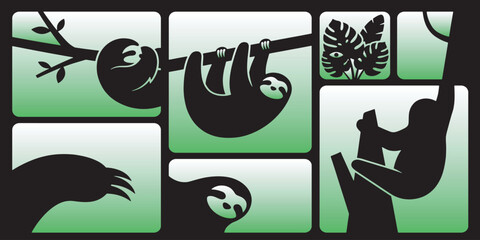 Fototapeta premium Collection of sloth silhouettes in various poses on branches and with tropical leaves, illustrating their slow-moving nature and habitat.