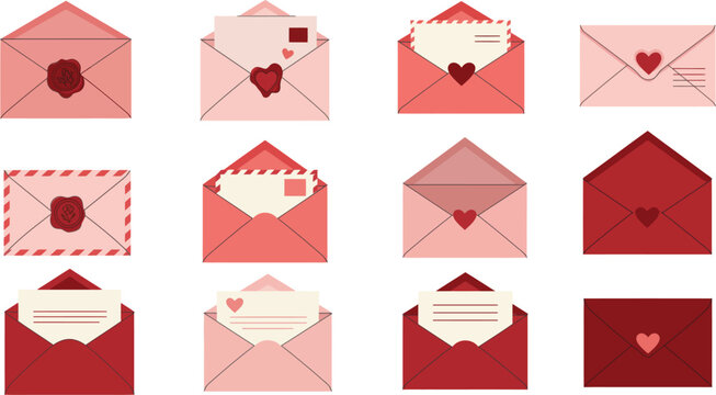 Collection of various pink and red envelopes with heart designs for valentine s day or love themed correspondence
