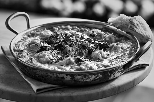 Traditional menemen egg food served in a rustic pan with bread