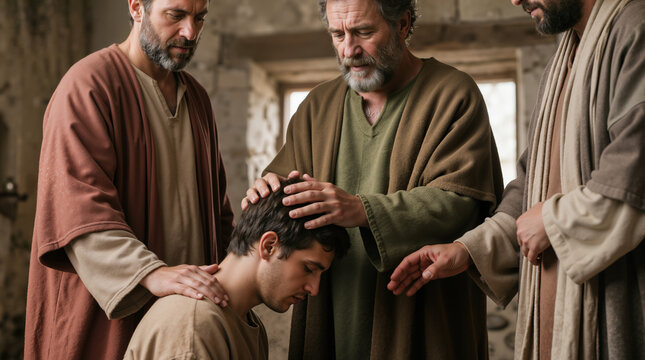 Apostles laying hands in blessing on a young man. Biblical scene of prayer and healing. Historical religious reenactment