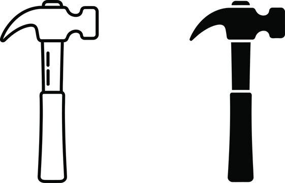 Black and white line icon set of a hammer
