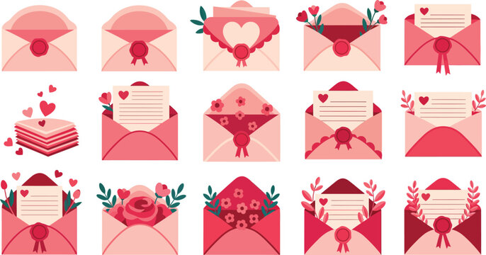 Collection of pink and red wedding invitation cards with floral designs and ribbons on envelopes for bridal shower or valentine s day