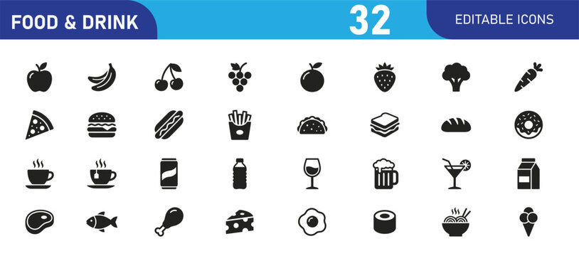 Set of 32 icons related to food and drink. Linear icon collection. Editable stroke. Vector illustration