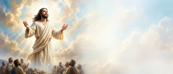 Ascension of Jesus Christ with disciples. Biblical scene of divine glory and awe. Wide banner with copy space